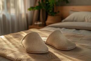 Comfortable home slippers resting on cozy bed in sunlit bedroom photo