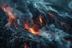 Volcano erupting with molten lava flowing downhill at twilight photo