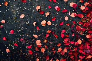Red and orange autumn leaves pattern with golden glitter on black background photo