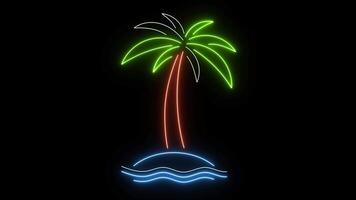 Neon palm tree animation. Glowing tropical island with palm and ocean waves on black background. Retro summer vibe for vacation, beach party, travel or nightlife projects. Loop motion design. video