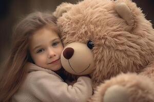Little girl hugging a big teddy bear with love and tenderness photo