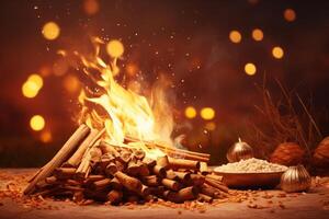 Lohri fire burning brightly with festive offerings and bokeh lights photo