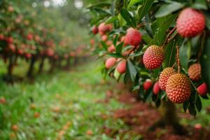 A row of red and green fruit on the tree photo
