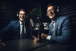 Two smiling radio hosts broadcasting in a studio photo