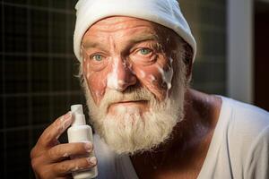 Senior man applying shaving cream in bathroom, getting ready for the day photo