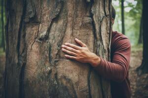 Man is hugging big old tree in beautiful forest expressing love for nature photo