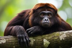 Red howler monkey resting on a branch in the jungle photo