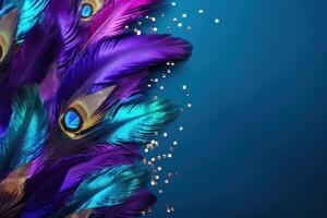 Carnival peacock feathers and glitter creating vibrant party background photo