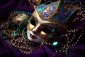 Festive carnival mask with golden decorations and colorful beads on purple background photo