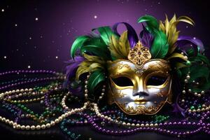 Mardi gras mask with feathers and beads on purple background photo