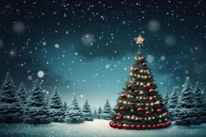 Decorated christmas tree with red baubles and star is illuminating snowy forest at night photo