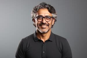 Smiling middle aged man with glasses and gray hair posing on gray background photo