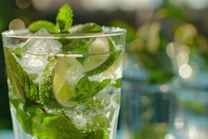 Refreshing mojito cocktail with lime, mint, and ice on sunny day photo