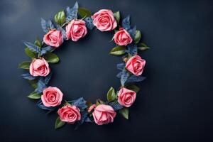 Pink roses forming a circle on a dark background photo
