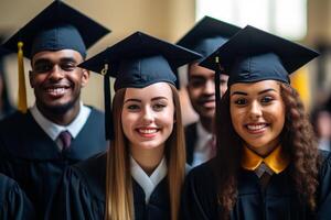 Happy diverse college graduates wearing caps and gowns smiling photo