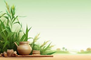Clay teapot, bamboo mat, twine, and lush green plants creating a tranquil spa scene photo