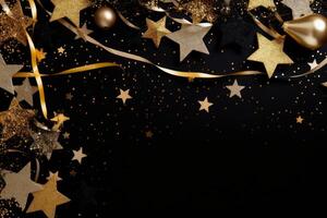 Golden and black festive stars and ribbons creating christmas border on black background photo