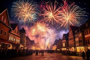 Crowd watching colorful fireworks exploding over traditional european town photo