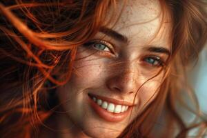 Close up portrait of smiling ginger woman with freckles and blowing hair photo