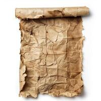 Old crumpled paper scroll showing folded and burned edges on white background photo