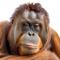 Bornean orangutan resting its head on folded arms, showing a calm expression photo