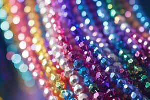 Colorful mardi gras beads reflecting light creating a festive background photo
