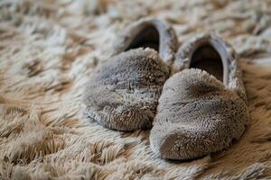 Pair of cozy grey slippers resting on soft carpet photo
