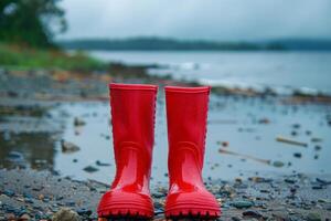 Red rubber boots standing on rocky beach during rainfall with blurry lake in background photo