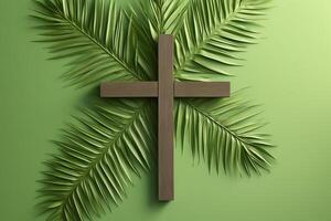 Christian cross surrounded by palm leaves symbolizing palm sunday on green background photo