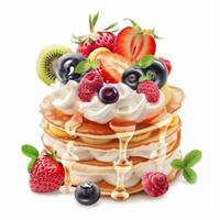 Stack of pancakes dripping with honey topped with whipped cream, berries and kiwi photo