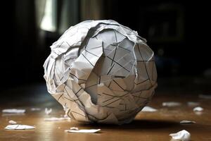 Crumpled paper ball resting on wooden table with torn scraps scattered around photo