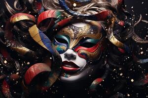 Venetian carnival mask with colorful snakes and gold confetti exploding on dark background photo