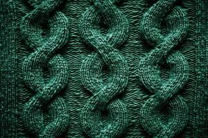 Cable knit fabric texture featuring intricate knit stitches creating repeating pattern in deep green photo