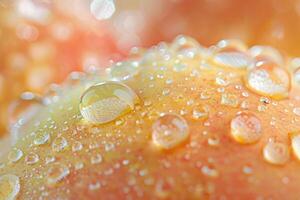 Macro water droplets showing freshness on ripe peach skin photo