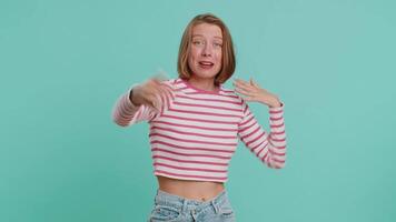 Woman showing inviting gesture with hands, ask to join, beckoning to coming, gesturing hello goodbye video