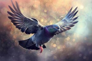 Pigeon flying with open wings in bokeh background photo