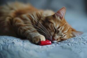 Ginger cat sleeping peacefully with red toy on soft blanket photo