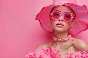 Fashion model posing in pink outfit and accessories with matching background photo
