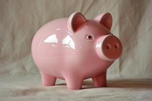 Pink piggy bank standing on neutral background representing saving money photo