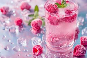 Refreshing pink raspberry iced drink with ice cubes and mint on a reflective surface photo