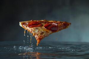 Slice of pepperoni pizza dripping cheese and sauce over water photo