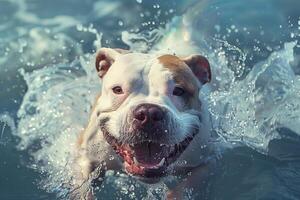 Happy dog running through water splashing and playing fetch photo