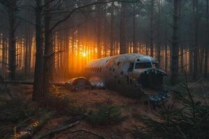 Abandoned airplane wreckage lying in forest at sunset photo