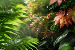 Lush tropical foliage flourishing in the sunlight with dew drops photo