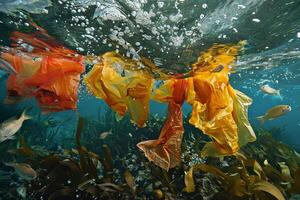 Plastic bags floating underwater polluting ocean with fish swimming around photo