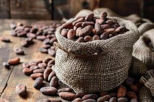 Cocoa beans overflowing from burlap sack on rustic wooden table photo