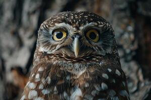 Burrowing owl staring with intense yellow eyes in tree bark background photo