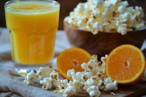 Popcorn, orange juice and sliced oranges creating refreshing snack combination photo
