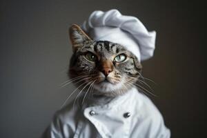 Serious cat chef wearing white uniform and toque posing photo