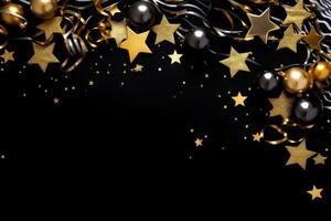 Christmas ornaments and stars creating festive border on black background photo